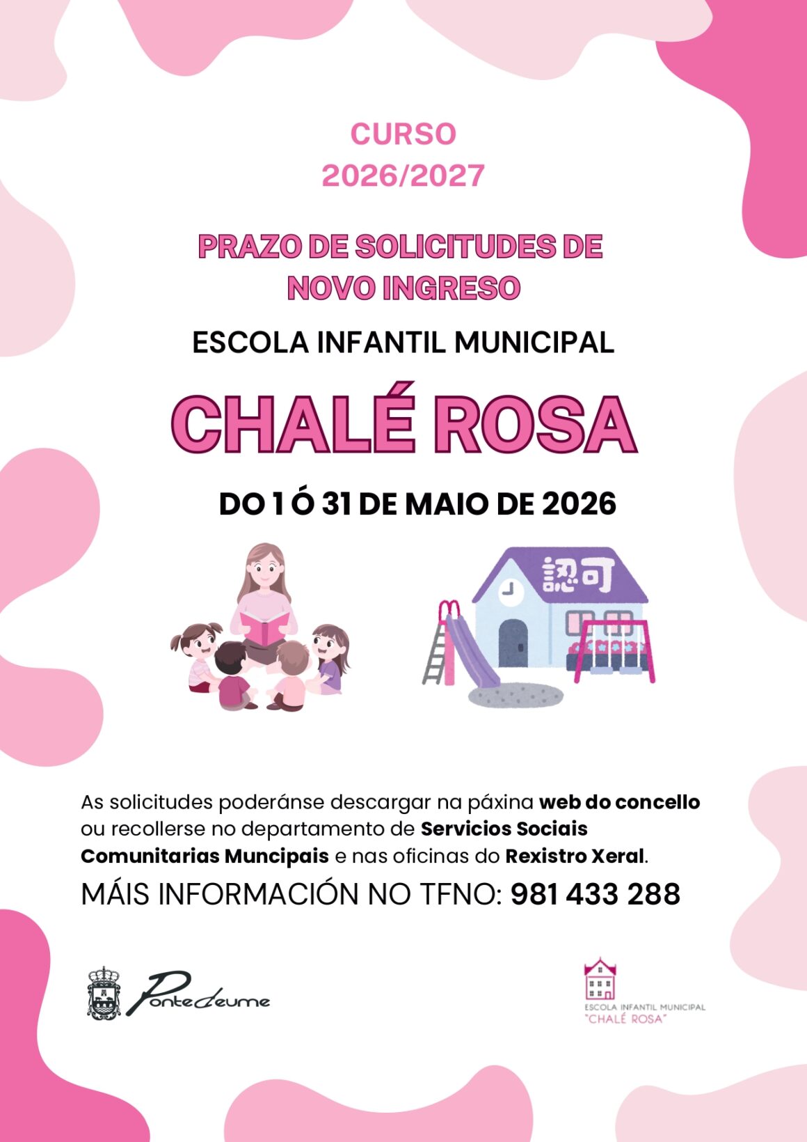 Apertura prazo novas solicitudes Escola Infantil Municipal Chalé Rosa curso 2026/2027